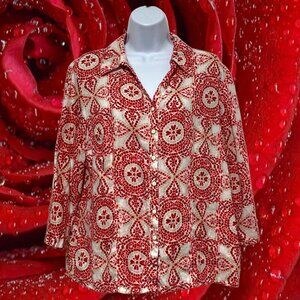 JM Collection-Women's Large Petite Button Top Linen Multi-Color V-Neck Collared